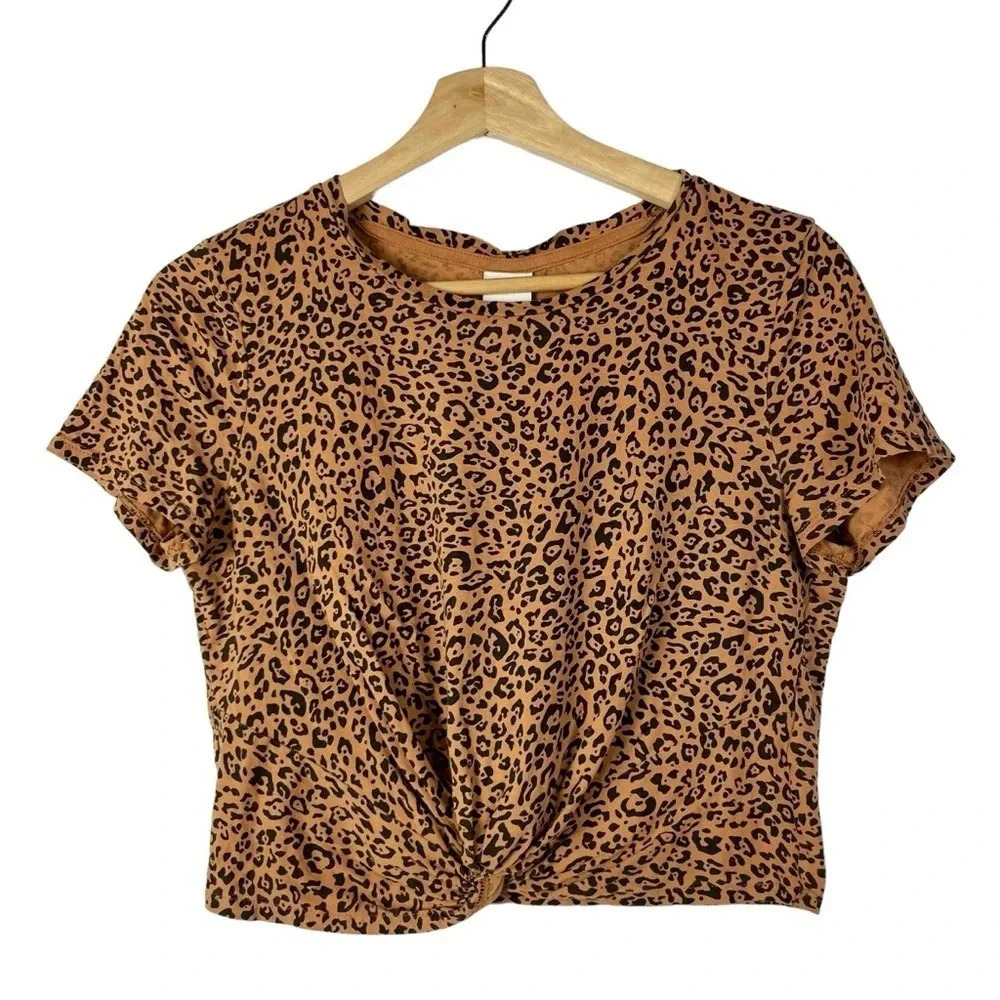H&M Light Brown Leopard Print Twist Front Crop Short Sleeve T-Shirt S